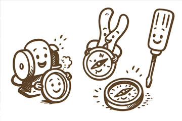 Happy Compass Creation. Fun doodle illustration of compass making process — happy parts being polished, assembled, and tested by