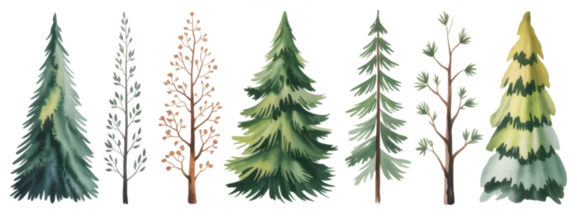 Spruce green tree watercolor illustration, Forest landscape, Fir silhouette 
