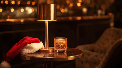 Cozy Christmas bar scene with a Santa hat on a table beside a glass of whiskey and a glowing golden lamp, creating a warm festive holiday atmosphere with elegant ambient lighting