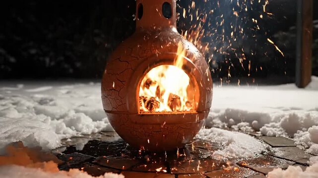 Rustic Chiminea Fireplace Burning in Winter Snow