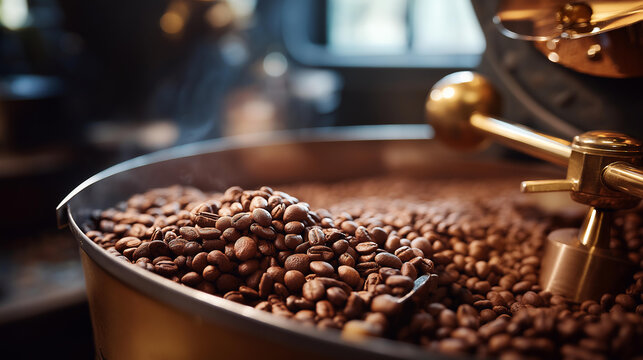 Fresh roasted coffee beans cooling in industrial mixer large roaster blend machine modern factory equipment aromatic grain blending process cocoa roasting production