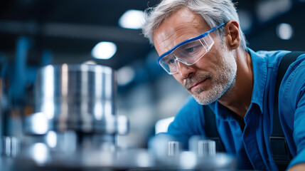 Fototapeta premium Faceless Caucasian worker in safety goggles operating lathe machine metal drilling components industrial manufacturing equipment machining process operation factory production