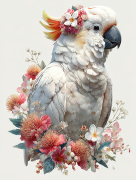 Watercolor illustration clipart of a single white cockatoo wearing a floral crown made of native Australian flowers, isolate on white background 