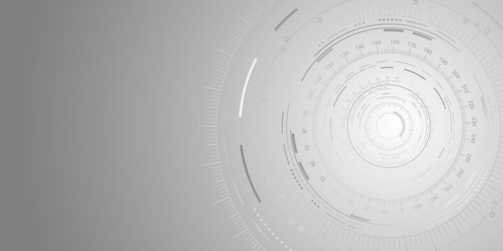 Abstract monochrome tech background with asymmetrical circular HUD elements and copy space. For presentations, dashboards or UI design. Clean, neutral, functional