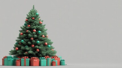 Festive Christmas tree adorned with vibrant ornaments, surrounded by beautifully wrapped gifts, evokes holiday cheer and anticipation.