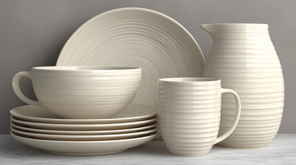 Several pieces of simple dishware arranged on a countertop with soft textures and plain colors in a modern setting