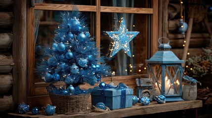 Rustic holiday charm: Blue ornaments adorn a mini tree, paired with a lantern & wrapped gift on a wooden ledge, lights twinkle in the background.