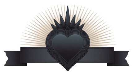 Black heart with radiant sunburst and blank ribbon banner, perfect for dramatic, elegant, or gothic design themes, expressing bold emotion and stylish contrast
