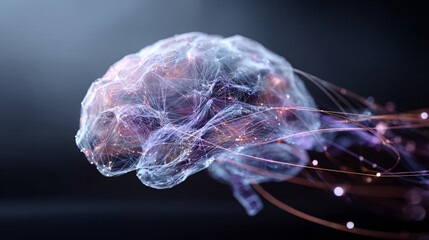 Brain with glowing neural network, representing artificial intelligence, machine learning, neuroscience, data processing, and digital technology concepts
