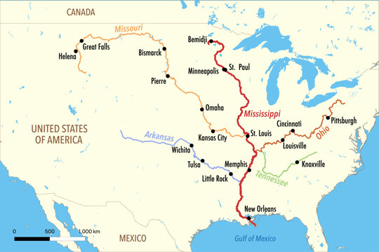Vector Map of the Mississippi River and its Major Tributaries 