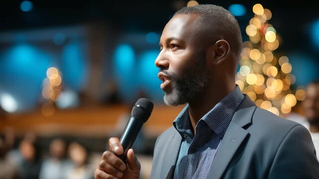 African American pastor, speaking microphone device, Christmas church service, praise worship gathering, Protestant church setting, religious message delivery, faceless preacher de