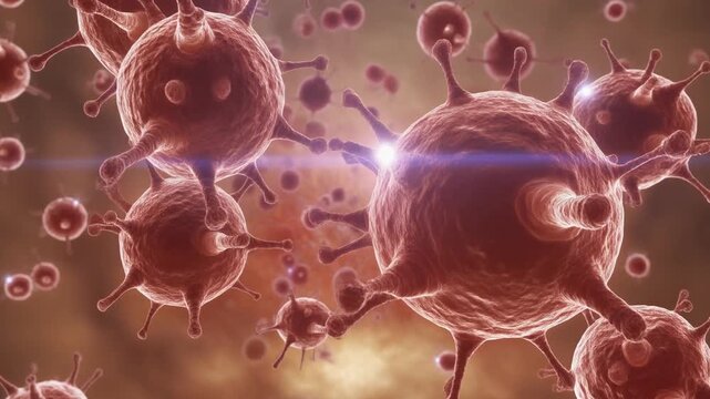 Microscopic View Of Fungal Acne Malassezia Organisms With Spiky Protrusions Floating In A Blurred Amber Hued Background With Soft Light Flare Effect