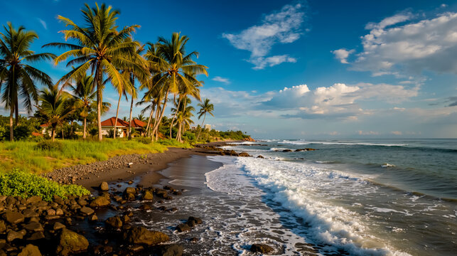 A tropical beach scene with palm trees a calm ocean and a clear blue sky - Powered by Adobe