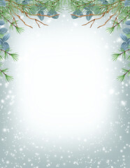 Christmas background with winter greenery frame, spruce, pine tree twig and eucalyptus branch against background of snowfall and snowflakes.