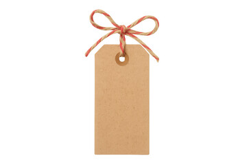 Naklejka premium Kraft paper blank tag with red and white baker's twine bow, empty gift present label design, isolated on transparent background