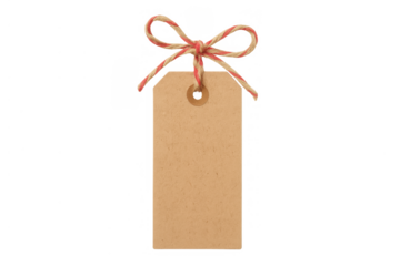 Kraft paper blank tag with red and white baker's twine bow, empty gift present label design, isolated on transparent background