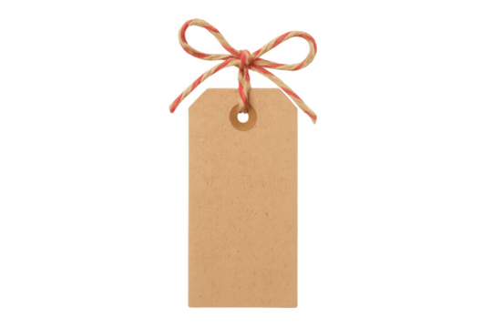 Kraft paper blank tag with red and white baker's twine bow, empty gift present label design, isolated on transparent background - Powered by Adobe