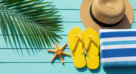 Bright summer beach items on blue wooden deck. Straw hat, yellow flip flops, striped towel, starfish and palm leaf create vacation mood. Perfect for travel ads and holiday posts.