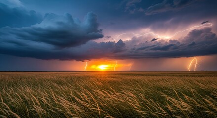 Dramatic storm clouds gather over golden wheat fields at sunset with lightning bolts striking the horizon. Perfect for weather concepts, nature power, climate themes, or agricultural backdrops.
