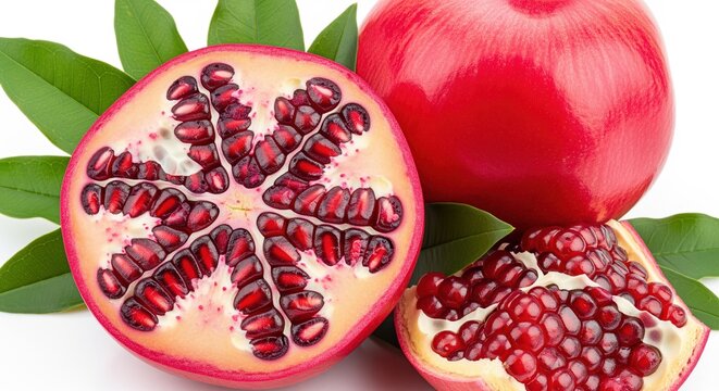 Fresh pomegranates with one cut open showing bright red seeds and sections. Green leaves in background. Perfect for healthy eating, nutrition guides, or natural ingredient visuals.