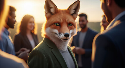 An anthropomorphic fox character in a jacket standing in a crowd of people at sunset in a cinematic style