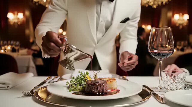 Succulent steak sizzling in a skillet on a rustic table, perfectly capturing the hearty concept of American comfort food, ideal for cooking show backgrounds or restaurant advertisements that.