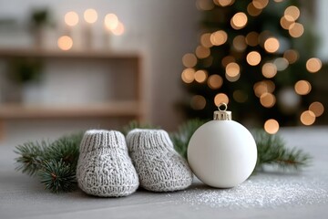 Gray knitted baby booties with white bauble and Christmas lights, elegant minimalist composition ideal for parenting visuals or seasonal campaigns