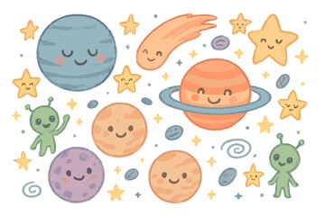 Cheerful Cosmic Doodle. A fun outer space doodle with smiling planets, winking stars, cheerful comets, tiny happy aliens, soft