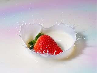 strawberry falling into milk