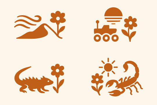 Desert Harmony. Icons for: motion tying sand, tail, and petal, desert rhythm uniting bloom and rover, quiet travel blending spined