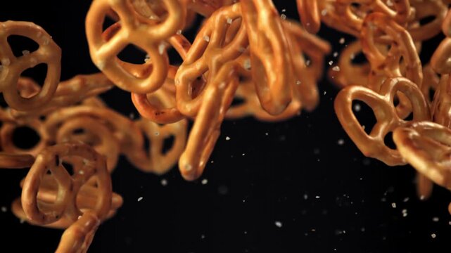Salty pretzels fly and fall on a black background. Filmed on a high-speed camera at 1000 fps. High quality FullHD footage