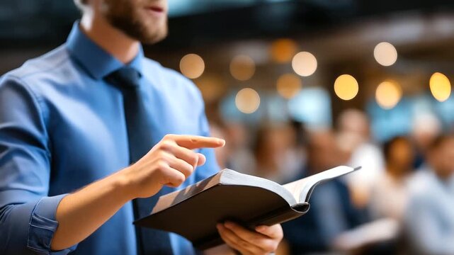 Man holding Bible, preaching gesture active, Christian religious prayer, worship evangelism service, Christmas gathering event, spiritual message delivery, faceless preacher torso,
