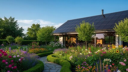 Discover a sustainable home with solar panels nestled in a vibrant flower garden, perfect for eco-friendly living and embracing nature's beauty today