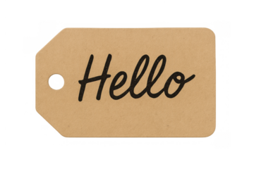 Brown kraft paper tag providing a friendly hello message, suitable for communication and welcomes, with transparent background