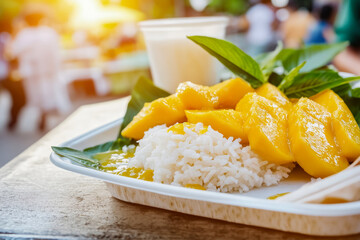 Mango Sticky Rice Dessert Served with Coconut Sauce at Street Market