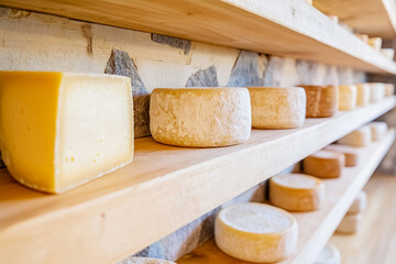 Artisanal Cheese Wheels Aging on Wooden Shelves in Stone Cellar