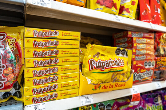 Pulparindo tamarind candy on a shelf. Dulces de la Rosa brand, originated in Guadalajara, Mexico. Guadalajara, Jalisco, December 4, 2025.