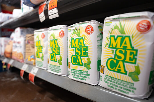 Maseca Nixtamalized Corn Flour bags on a shelf. Gruma brand, originated in Monterrey, N.L., Mexico. Guadalajara, Jalisco, December 4, 2025.