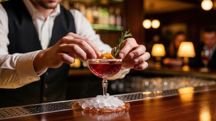 A bartender prepares a festive cocktail with garnishes at a bar. The scene includes a glass filled with ice and a colorful drink, ideal for Christmas and New Year celebrations.