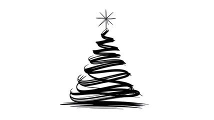 Abstract black and white illustration of a Christmas tree with swirling brush strokes and a star on top, creating a modern festive design suitable for holiday-themed projects and decorations