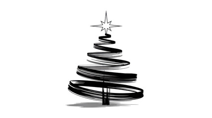 Abstract black and white illustration of a Christmas tree with swirling brush strokes and a star on top, creating a modern festive design suitable for holiday-themed projects and decorations