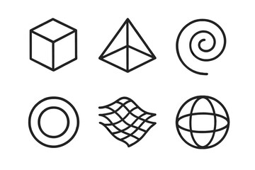 Abstract Line Icons. Line style icons of Abstract Forms: floating cube, open pyramid, spiral line, ring loop, wave grid, sphere