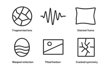 Visual Distortion Icons. Line style icons of Visual Distortion: fragmented lens, offbeat rhythm, distorted frame, warped