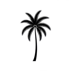 Obraz premium Silhouetted palm tree against a plain white background. Dark silhouette of a single palm tree with a tall, slender trunk and full, broad fronds, standing upright. Simple, clean design
