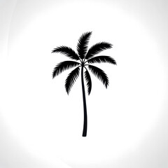 Obraz premium Silhouetted palm tree against a plain white background. Dark silhouette of a single palm tree with a tall, slender trunk and full, broad fronds, standing upright. Simple, clean design