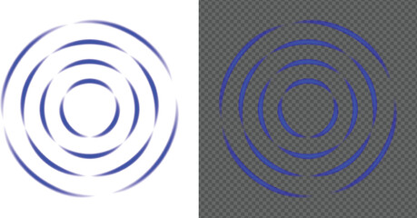 Blue concentric circles with motion blur effect on white and transparent backgrounds abstract