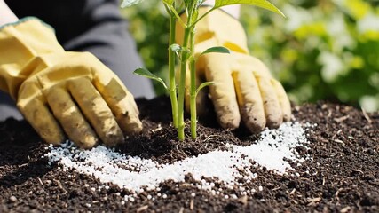 Gardener hand in yellow glove fertilizing young green plant in rich dark soil outdoors