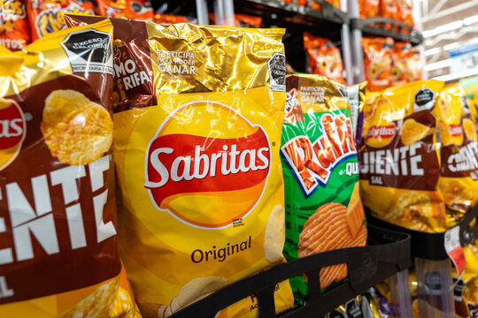 Sabritas chips bags on a Walmart shelf. PepsiCo brand, originated in Mexico (founded in 1943). Jalisco, Mexico, December 4, 2025. frito Lays