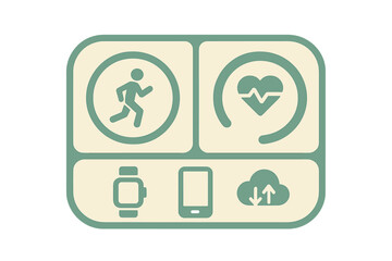 Unified Fitness Interface. a compact fitness hub interface uniting exercise data, recovery stats, and device sync icons in harmony