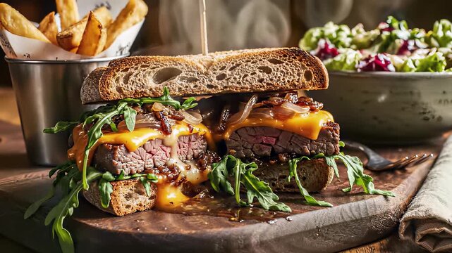 Steak and vegetables sizzling in a skillet on a rustic table, capturing the hearty concept of American comfort food perfect for cooking show backgrounds or restaurant advertisements showcasing.